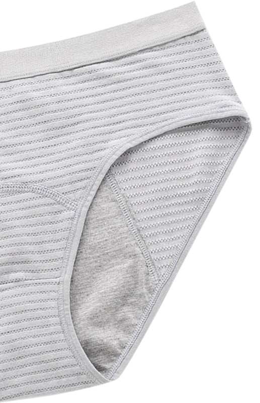 Women breathable striped cotton panties in gray, mid-waist, full coverage, slight elasticity.