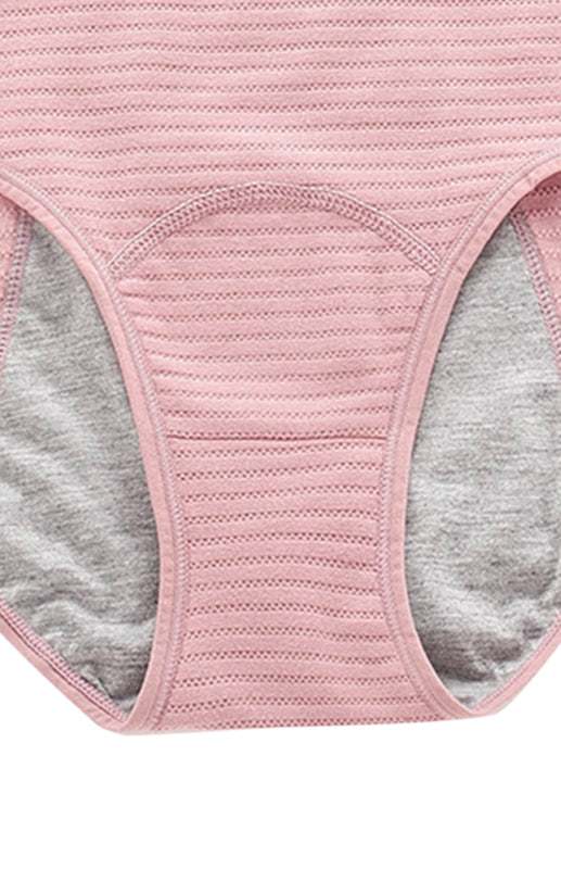 Women breathable striped cotton panties, mid-waist, pink color, leak-proof layers.