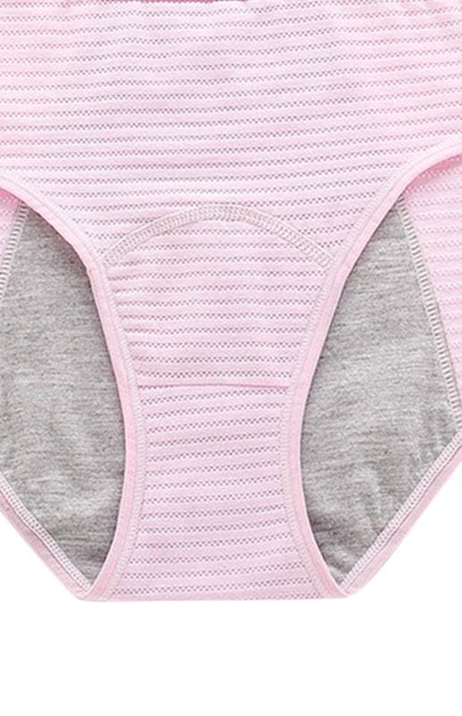 Women breathable striped cotton panties, pink with grey lining, mid-waist design.