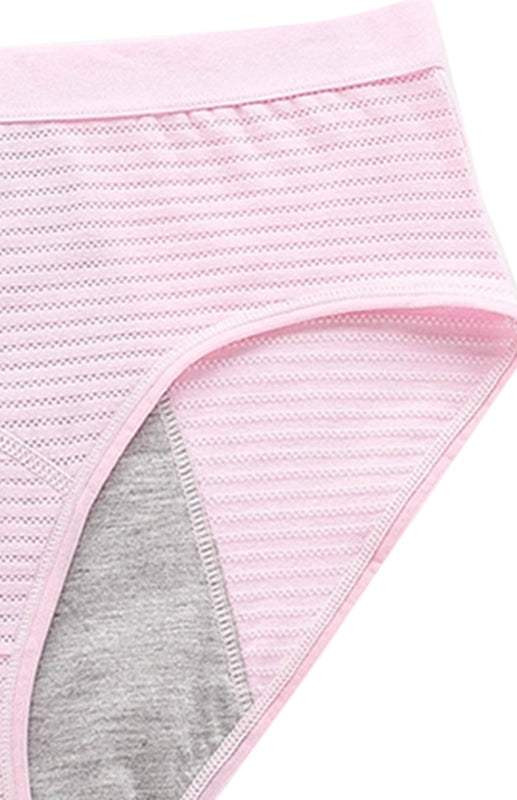 Women's breathable pink striped cotton panties, mid-waist design, knit fabric.