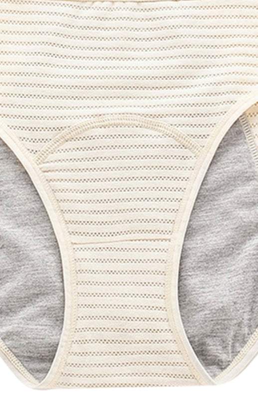 Women's breathable striped cotton panties with mid-waist design, suitable for all seasons.