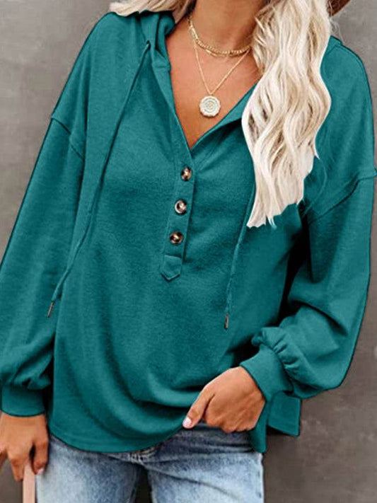 Women's cardigan hoodie, casual loose solid color sweatshirt with v-neck and button placket, ideal for spring-summer.