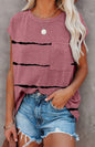 Women's crew neck printed short sleeve tie-dye T-shirt with pocket and dropped shoulder sleeves.