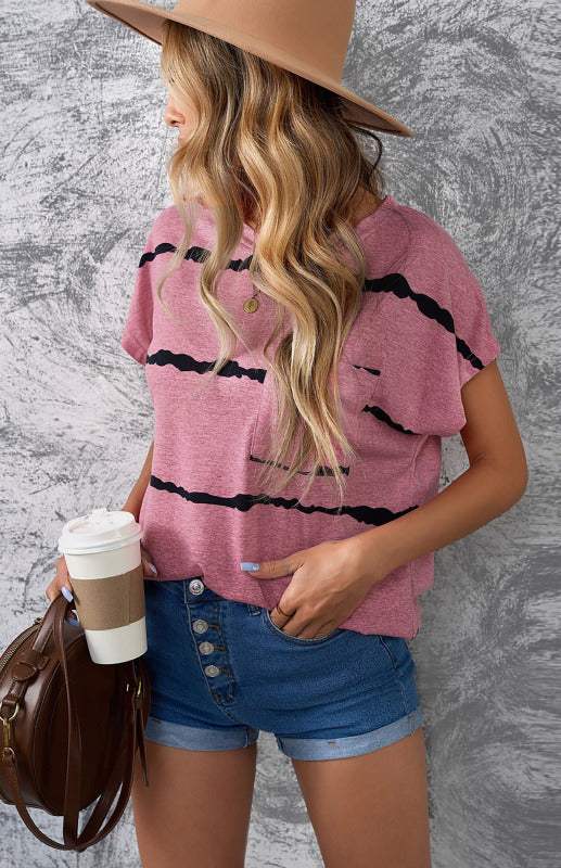 Women's crew neck pink tie-dye printed short sleeve t-shirt with dropped shoulders and a pocket, casual spring-summer style.