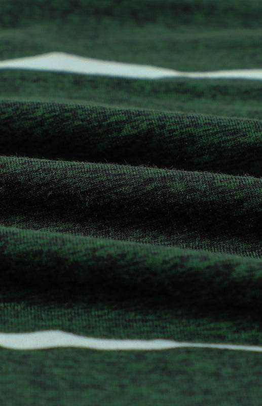 Close-up of knit fabric texture in dark green and white, highlighting moderate elasticity of crew neck printed short sleeve T-shirt.