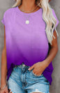 Women's crew neck purple tie-dye short sleeve T-shirt with pocket, relaxed fit for casual spring-summer wear.