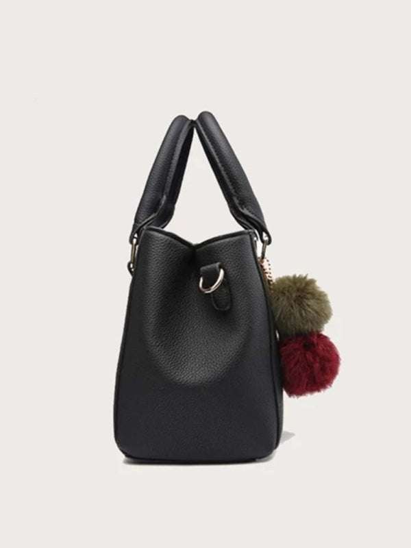 women's black all-match shoulder bag with pom-pom design, PU material