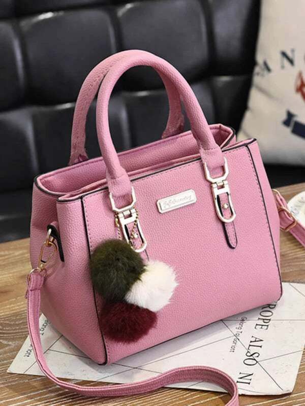 women's pink fashion all-match shoulder bag with decorative pom poms