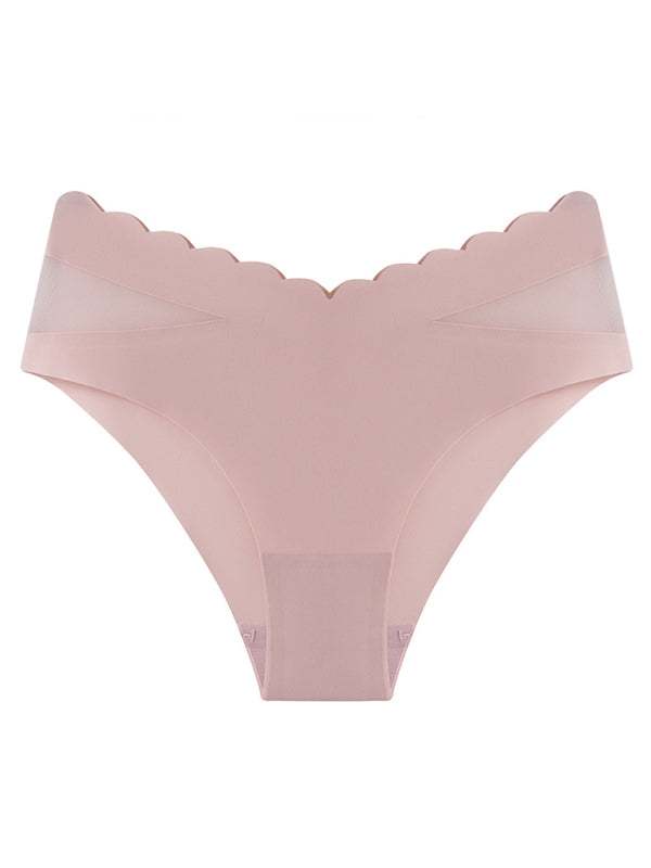 Spring-summer women's knit lace panties in pink with scalloped edges, made from 100% polyester.