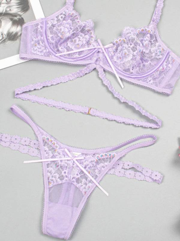 Sexy flower embroidered lace lingerie set with thong bra, three-piece with underwire.