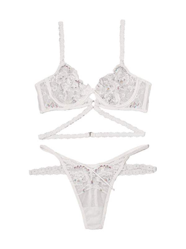 Sexy flower embroidered lingerie set with lace thong and underwire bra.