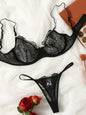 Sexy black three-point thin hollow bra and underwear set with floral design, suitable for spring-summer.