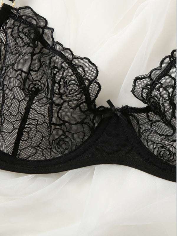 Three-point thin hollow lace bra in black with floral pattern.