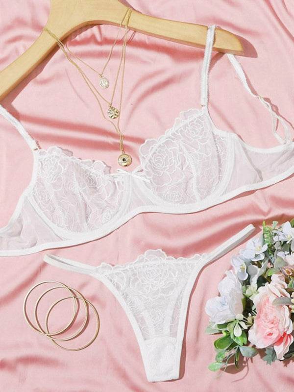 three-point thin hollow bra sexy underwear set on display with floral accents