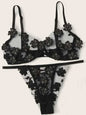 Sexy mesh embroidered flower appliqué bra set with moderate elasticity in black.