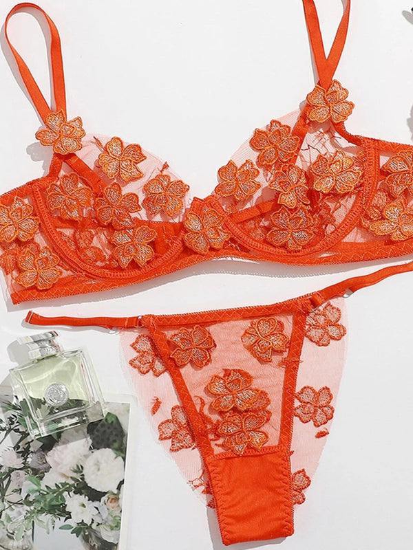 Sweet mesh embroidered flower appliqué bra set in vibrant orange with detailed floral patterns, spring-summer style.