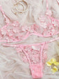 Sweet mesh embroidered flower appliqué bra set in pink with delicate floral patterns.