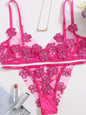 sexy mesh embroidered flower appliqué bra set in pink