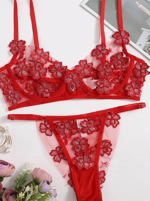 Red mesh bra set with embroidered flower appliqué design.