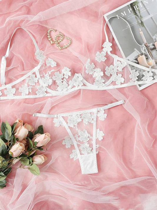 sweet mesh embroidered flower appliqué bra set on pink fabric with roses