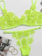 Sweet mesh embroidered flower appliqué bra set in neon green.